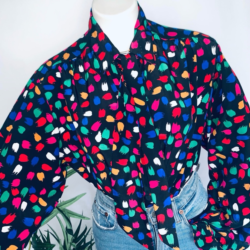 v i n t a g e :: Bold Paint Splatter Draped Neck Tie Buttoned Blouse